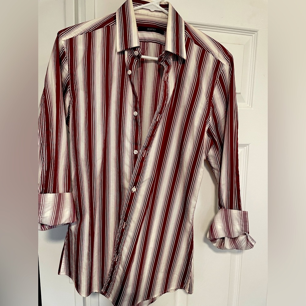Mens Gucci Dress shirt, button down, dark red and white striped, vintage, small